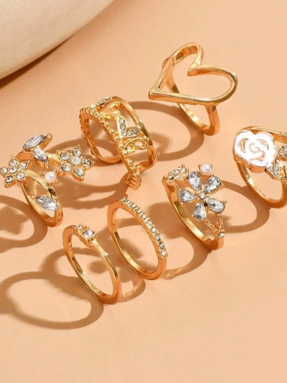 Gold Crystal Floral & Heart Stacking Ring Set - Women's Gold Tone Rings